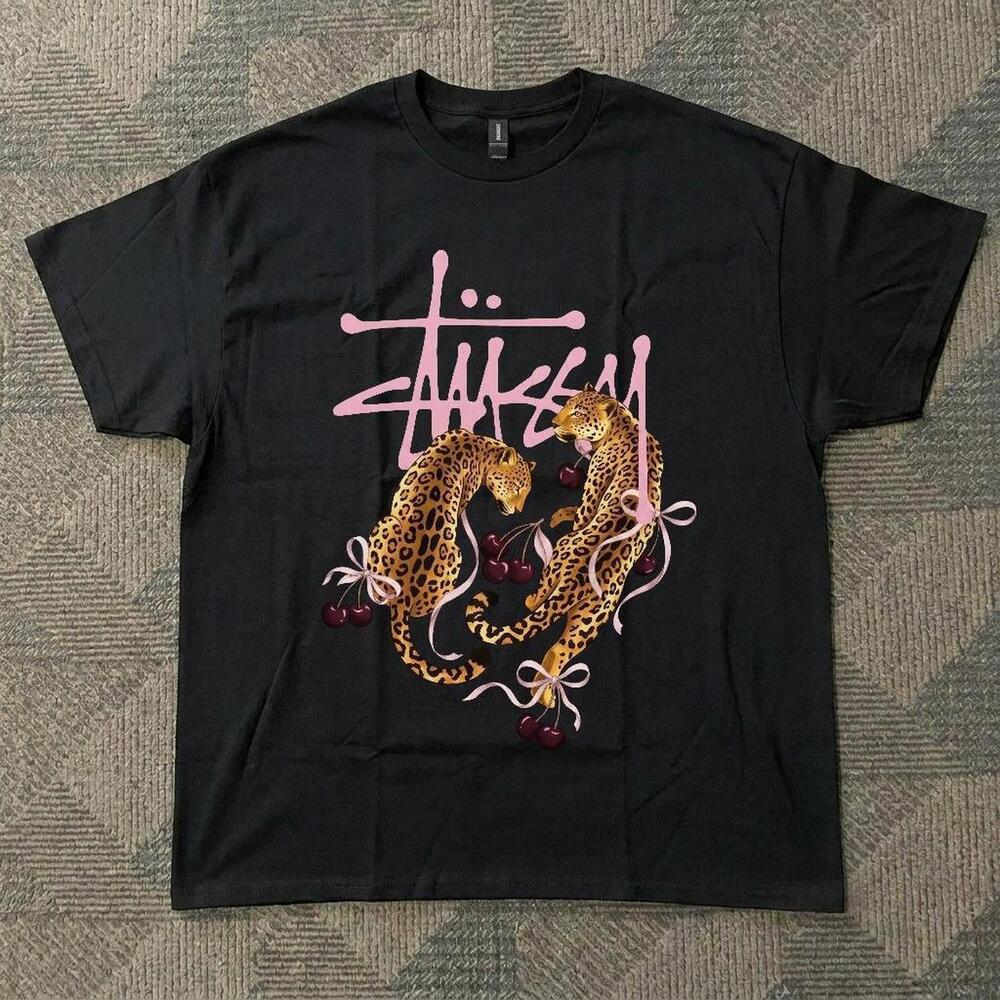 Black Stussy Leopard Cherry Cotton Tee